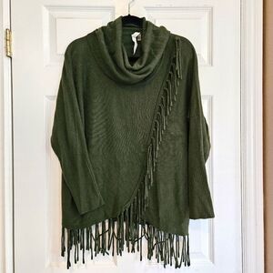 Olive Green Fringe Cowl Neck Sweater